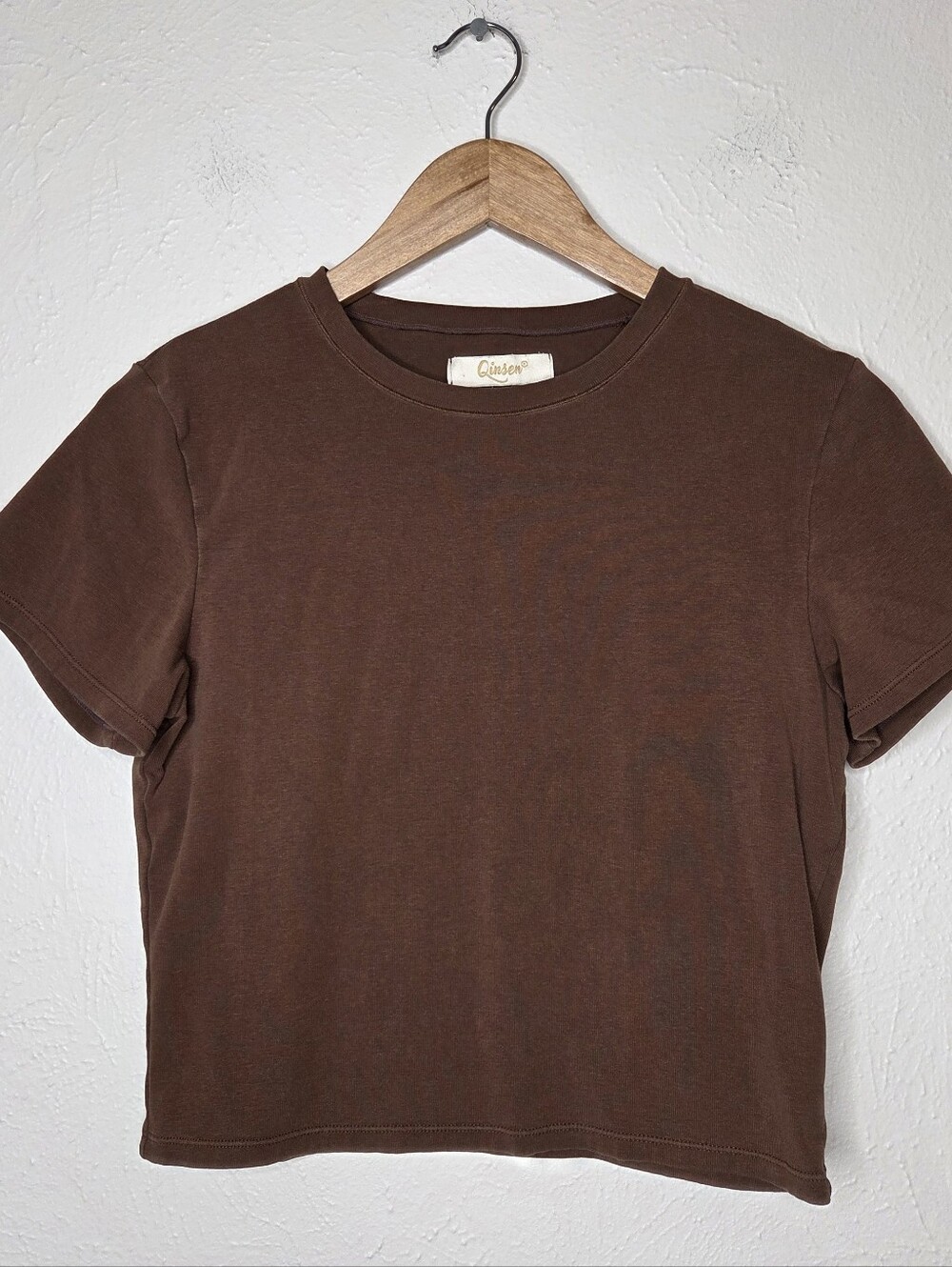 Qinsen Brown Fitted Baby Tee Cotton Stretch Minimalist Crop Top XL